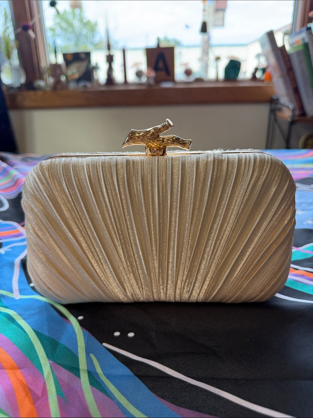 Elegant Pearl Ivory Satin Clutch with Gold Bird Accent NWOT